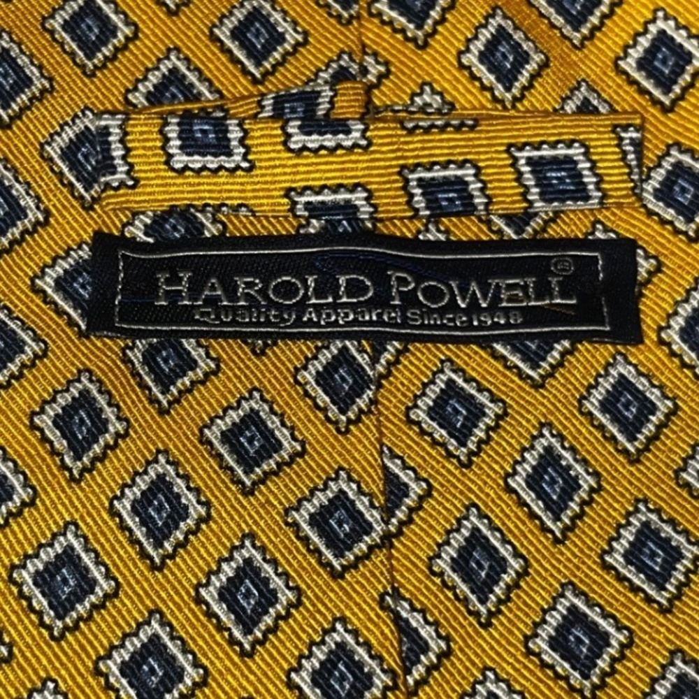HAROLD POWELL Silk Geometric‎ Diamond Pattern Necktie Yellow Blue Men's - Picture 4 of 5